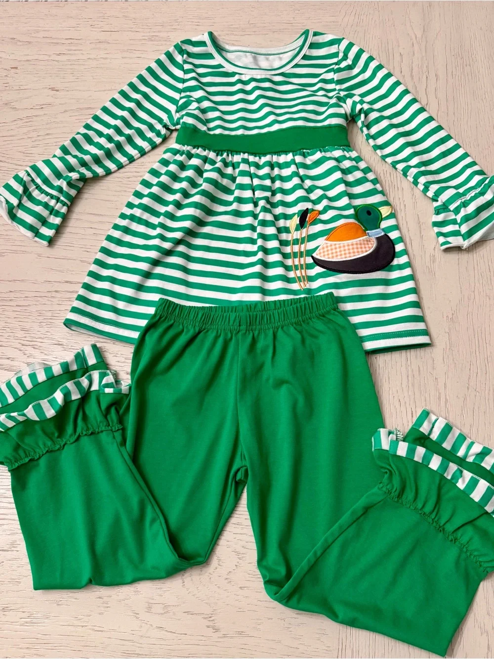 Green White Striped Duck Appliqué Two Piece Thanksgiving Fall Boutique Set 5 Yrs